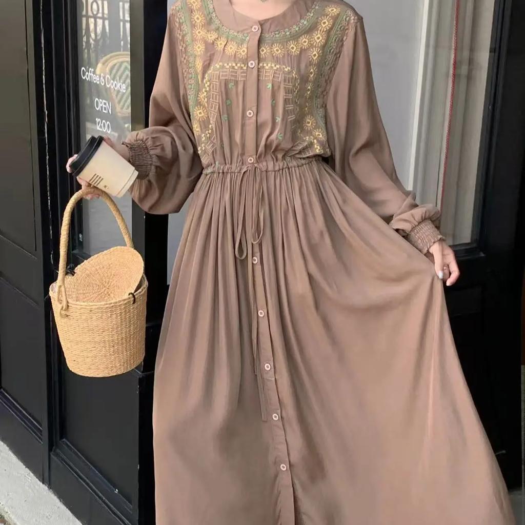 Vintage Zelený Župan s Dlouhým Rukávem Podzimní Novinka O-Výstřih Výšivka Společenské Šaty Design se Stahováním v Pase Rovný Střih