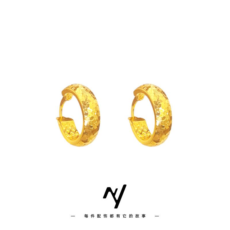 Xiaohongshu's same style crushed ice 9999 24K real gold earrings, earrings for women, fashionable versatile ear jewelry gift