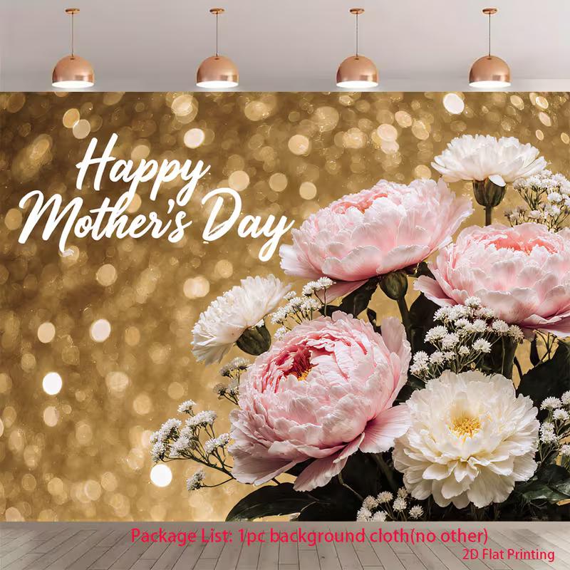 

2D Happy Mother s Day Backdrop with Pink Peony and Gold Bokeh Photography Background 47.2x31.5inch/120*80cm