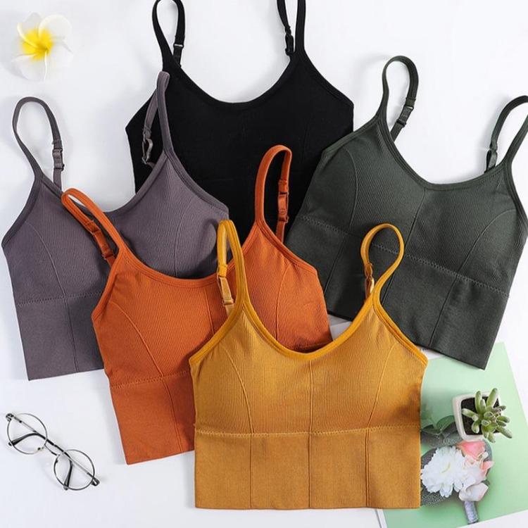 Wirefree Camisole Cropped Tank Top Women Seamless V Neck Removable Yoga Fitness Sport Underwear