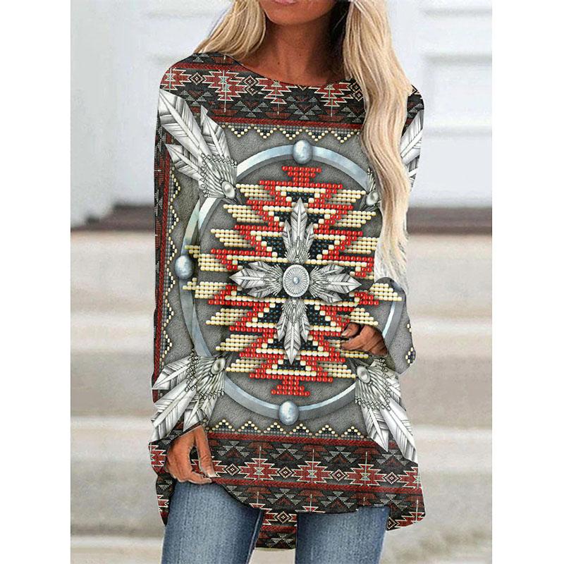 

Футболки с длинным рукавом с принтом Western Aztec Ethnic 3D, богемные женские винтажные модные футболки, свободные уличные женские футболки, топы 4XL