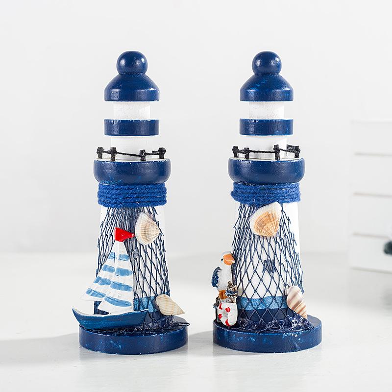 Středozemní styl Oceánský Dřevěný Mini Maják Ornament – 13cm Domácí Dekorace Řemeslný Dárek
