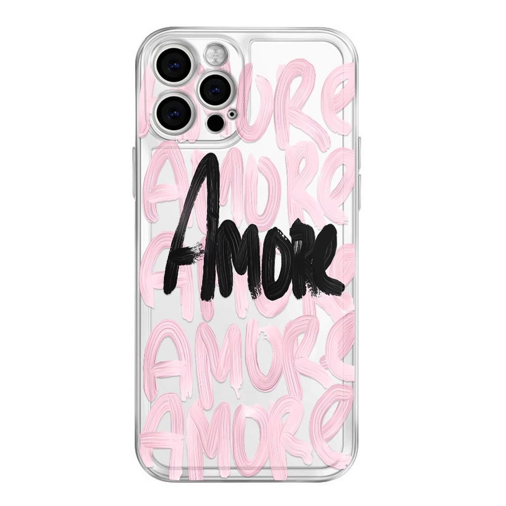 Pink Black Amore Brush Script Print Clear Phone Case For Samsung Galaxy S10 S20 S21 S22 S23 S24 S25 NOTE 10 20 ULTRA Cover