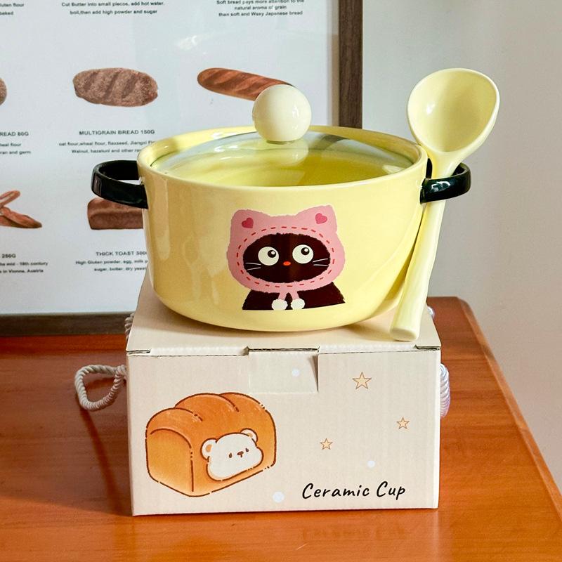 Cute cat ceramic instant noodle bowl with lid student dormitory instant noodle bowl large capacity snail powder personal special bowl