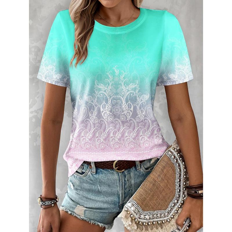 

2025 новая женская футболка с круглым вырезом и короткими рукавами, летняя, градиентная, простая, с 3D-принтом, универсальная, свободная, повседневная, женская футболка 8XL
