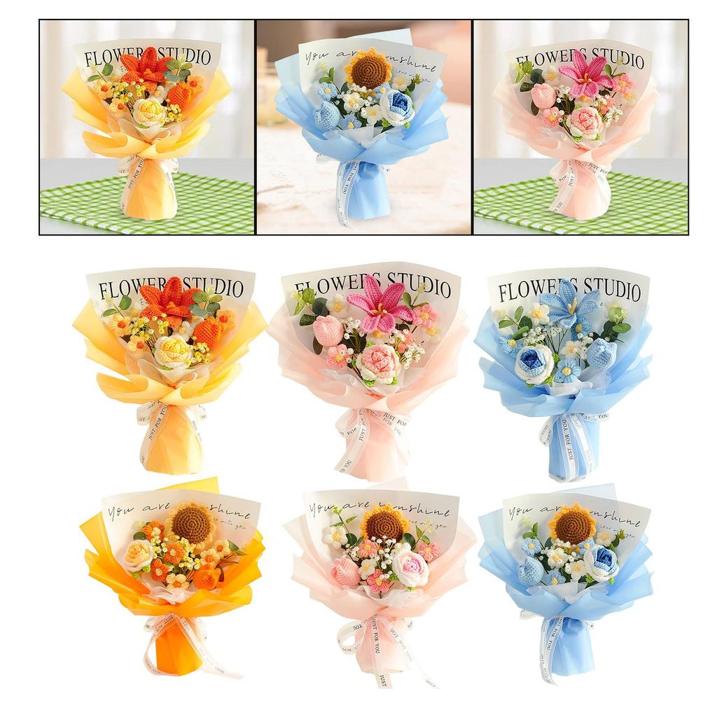 Crochet Flower Bouquet Table Centerpiece Handmade Woven Bouquet for Graduation Gift Living Room Birthday Apartment Hotel