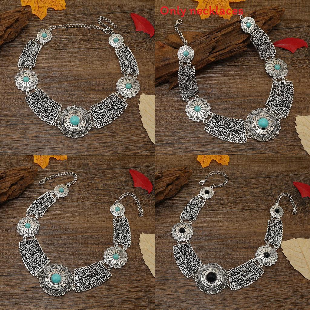 Ethnic Style Simulation Gemstone Decoration Hollow Design Women Metal Necklace For Special Occasion