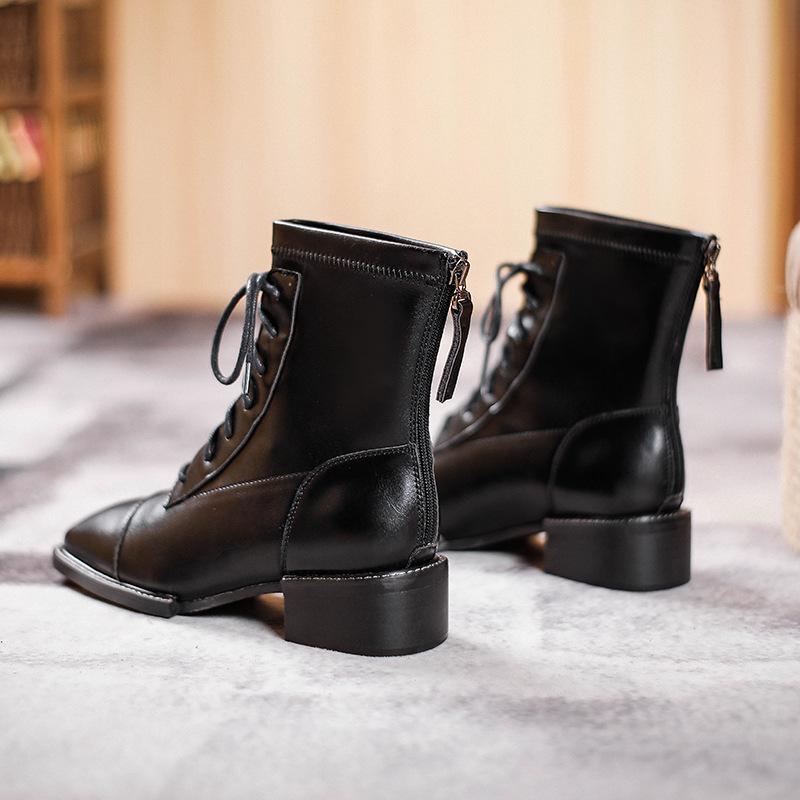 Brown Martin boots women's style lace-up square head medium heel new women's boots fashion medium tube thick heel short boots