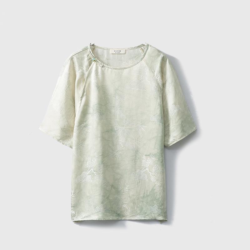 

Топ с коротким рукавом из жаккарда из шелка, окрашенного растительными красителями - Свободная летняя рубашка в новом китайском стиле XXL дым/зелёный