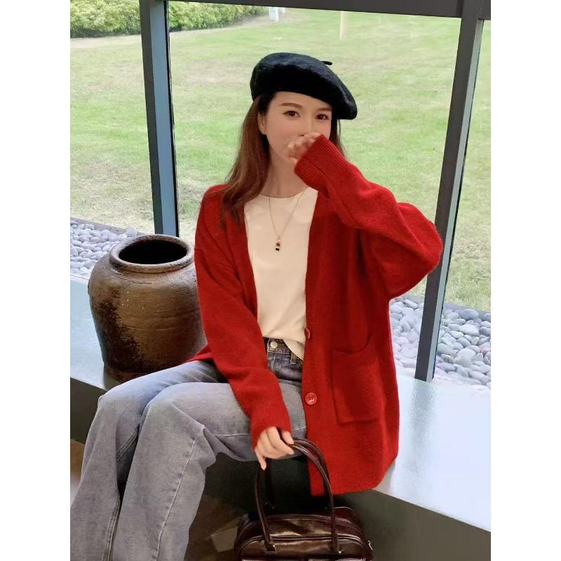 Lazy Wind Loose V-neck Knitted Cardigan Autumn and Winter Solid Color Versatile Cardigan Age-reducing Soft Sweater Jacket Women