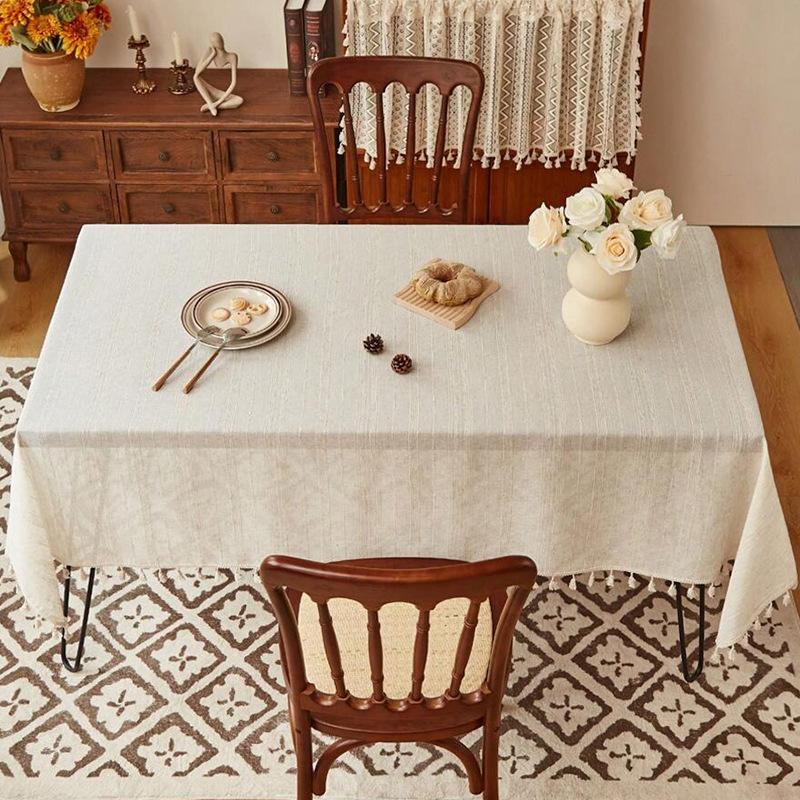 European Retro Cotton Linen Tablecloth Line Tassel Dining Table Dustproof Decorative Cover Cloth Kitchen Restaurant Party Desktop Protective Cover