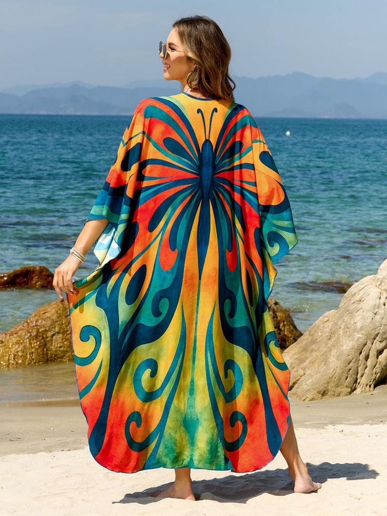 Beach Kaftans for Women Butterfly Printed Plus Size Cover Ups for Swimwear Maxi Dresses Summer Holiday Bathing Suits