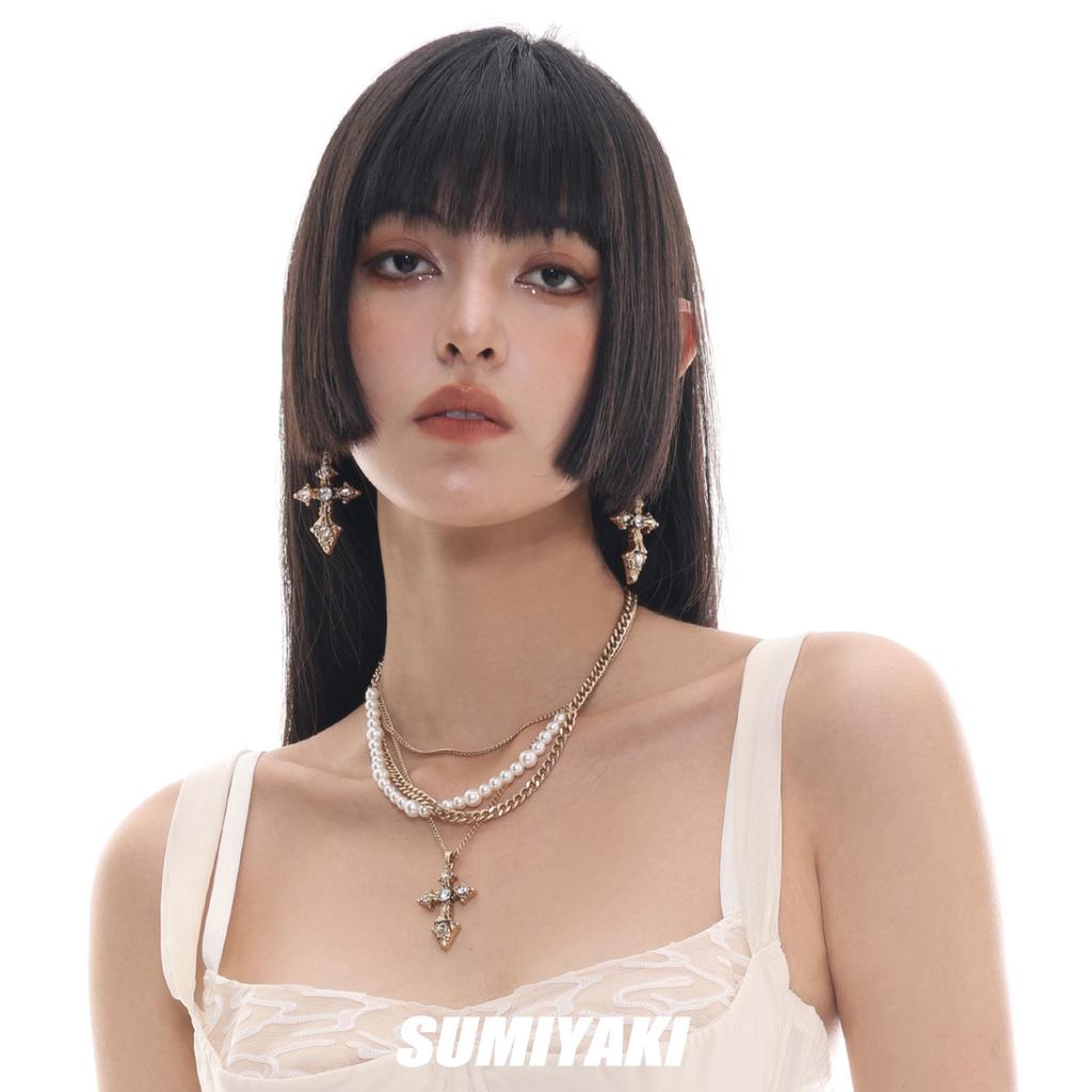 American Baroque Pearl Cross Necklace, High-end Dumb Old Gold Multi-layer Stacked Sweater Chain