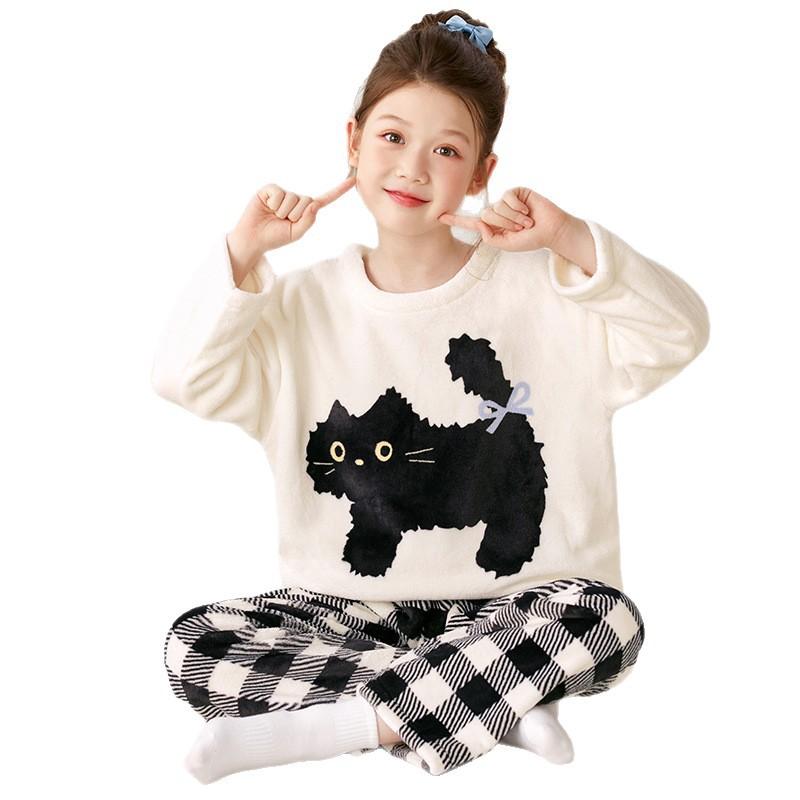 Kids Flannel Pajamas Set Boys Girls Warm Long Sleeve Top And Pants Sleepwear Winter Home Nightwear