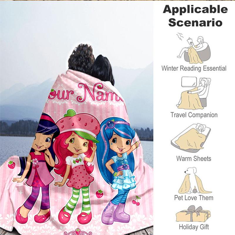 1PC Custom Name Blanket Straw-berry Sweet Moment Flannel blankets Patterns Throw Blanket All-Season Soft Gift for Couch, Bed, Camping, Birthday gifts