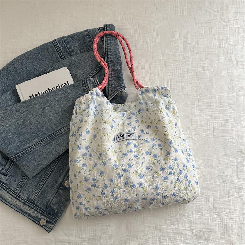 Beautiful Korean Floral Canvas Tote Bag Spacious Design For Women Daily Activities синий