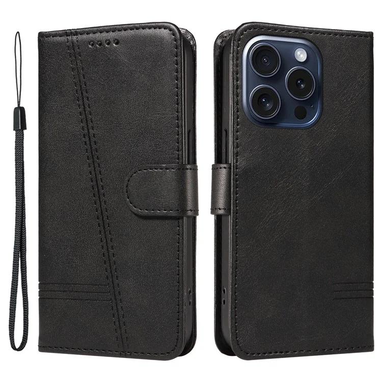 

For iPhone 15 Pro Case PU Leather Folio Flip Wallet Phone Cover - Black