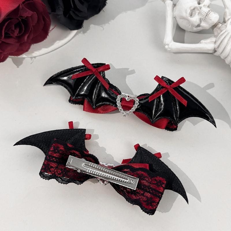 Dark Holiday Hair Barrettes, 1 Pair Halloween Winged Ribbon Design With Heart Detail and Lace Trim for Party Looks
