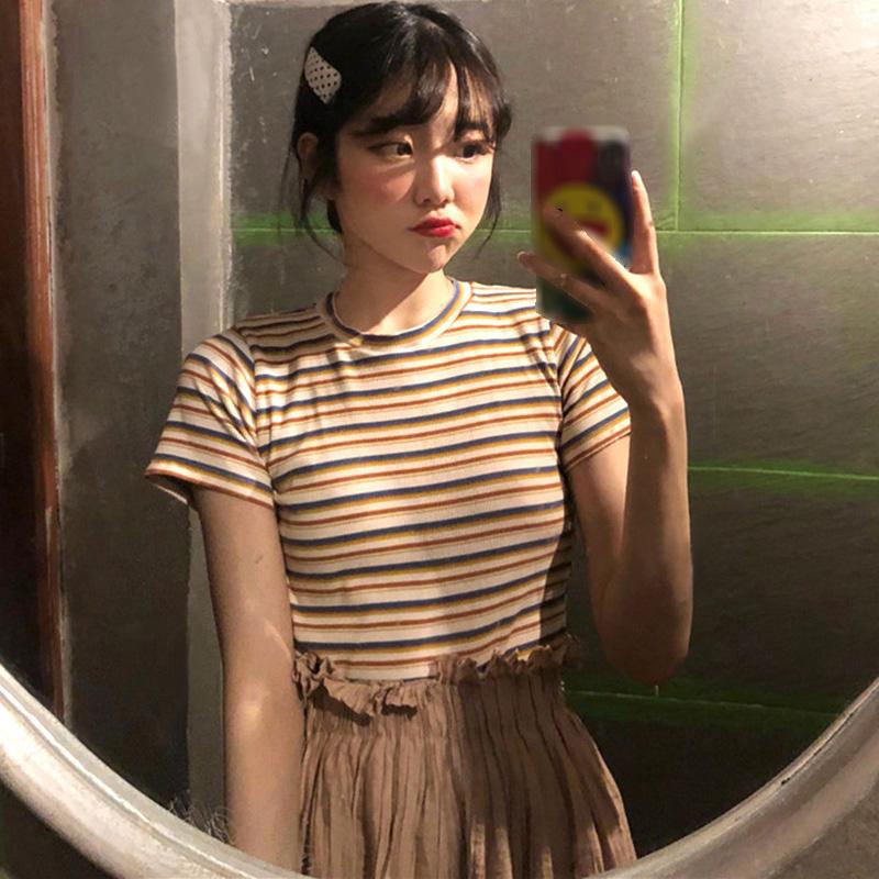 

Women s T-Shirt O-Neck Striped Short Sleeve Pullover Crop Top T-Shirts L