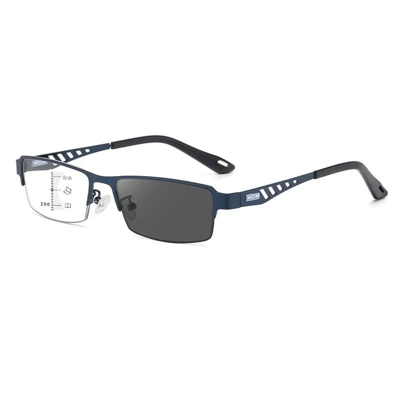 Men Square Metal Photochromic Reading Glasses Large Frame Multifocal Glasses Blue Light Blocking Eye Protection Eyeglasses
