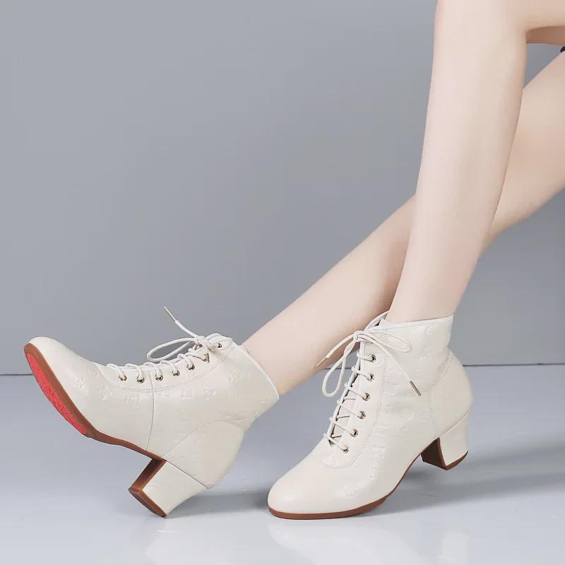 Women's Square Dance Shoes: Medium/High Heels, High Tops, Soft Sole, Embossed Leather, Ideal for Middle-aged/Elderly, Perfect for Autumn/Winter.