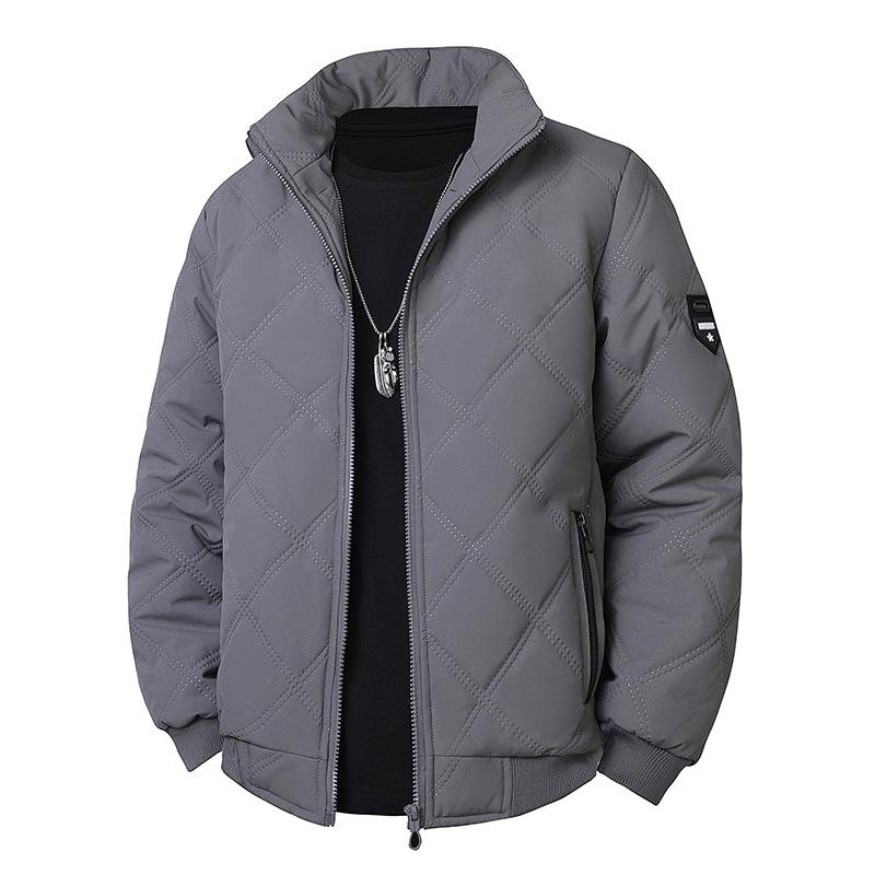 Men's 2025 Cross-border Diamond Plaid Stand Collar Jacket - Autumn/Winter Warm, Velvet-Lined Cotton Coat