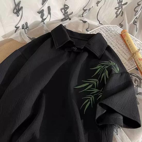 Men's Chinese Style T-Shirt Short Sleeve Lapel Tee Shirt Retro Loose Fit T-Shirt with Bamboo Embroidery Pattern for Daily Wear Street