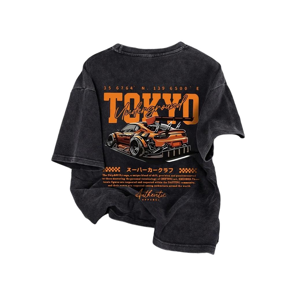 Prané Oboustranné Tokyo Underground Racing Potisk 100% Bavlna Oversized Krátký Rukáv Tričko