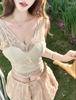 #Summer New Pure Desire Wind Lace Splicing Bow Sling Vest Slim One-piece with Chest Pad
