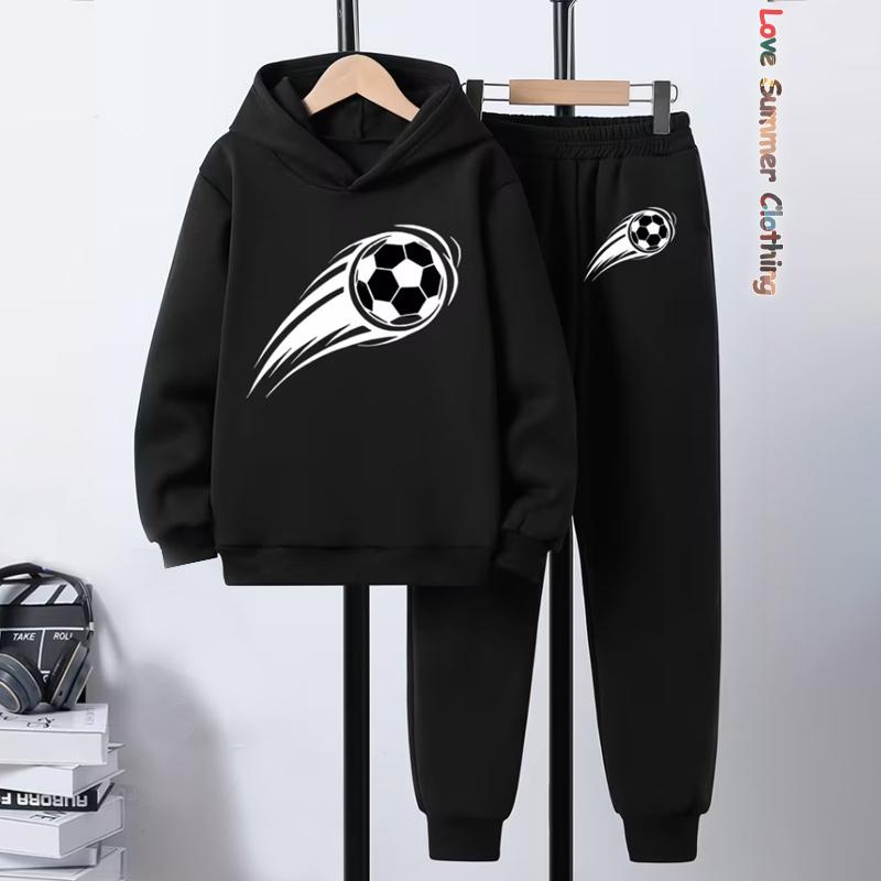 Ensemble sweat à capuche et jogging pour garçons sur le thème du football, imprimé ballon de foot, vêtements de sport à action dynamique pour jouer, tenues d'hiver pour l'entraînement de football