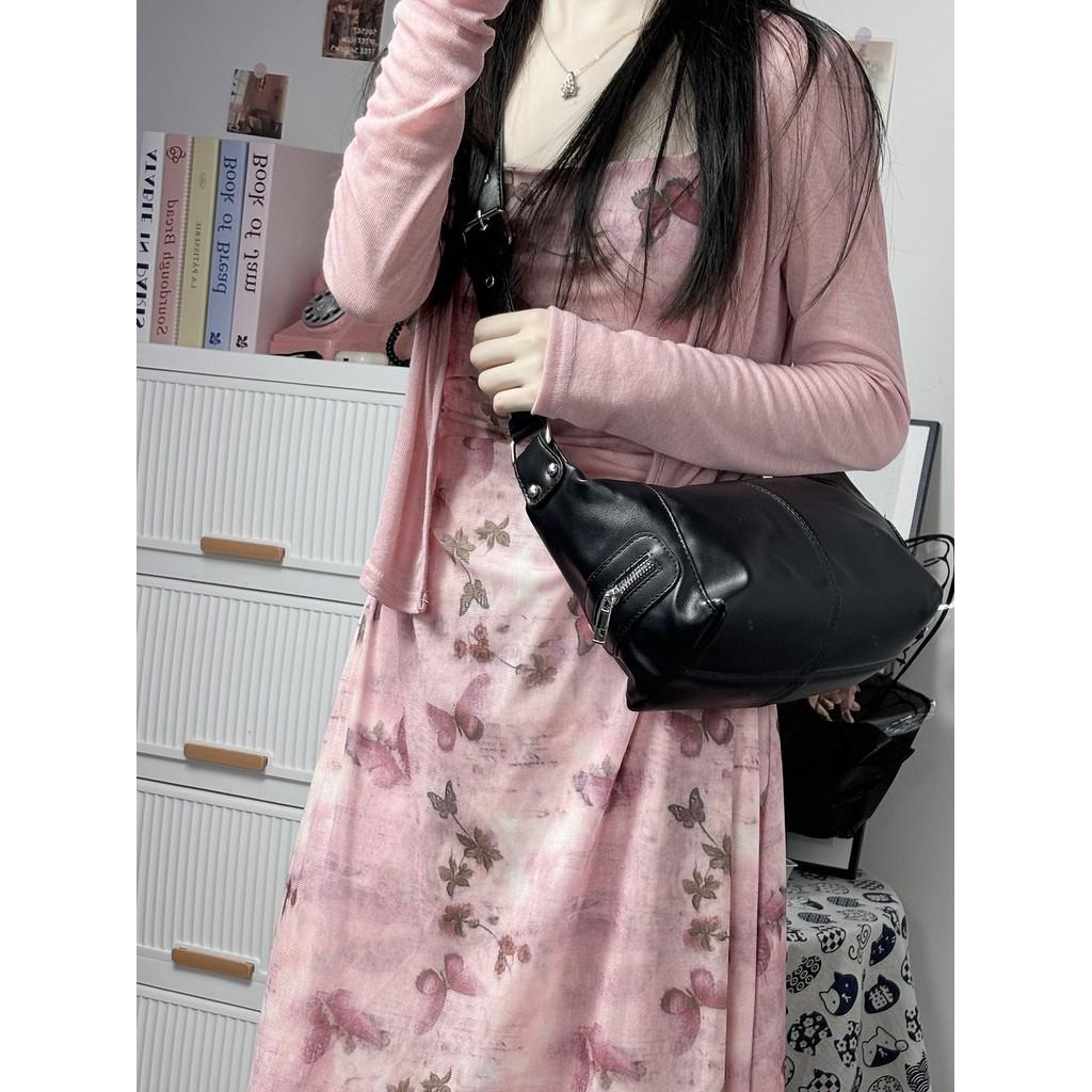 Ielgy High-End Feel Black Shoulder Bag Large Capacity Motorcycle Style Underarm Bag Can Be Cross-Body Can