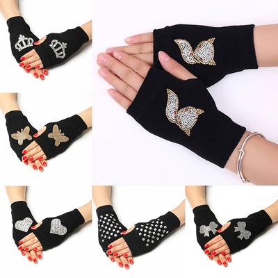 Damen Touchscreen-Strickhandschuhe, fingerlose Fäustlinge, Handwärmer, Winter, glitzernde Strasssteine
