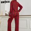 GMXIA Odzież domowa Damska Czerwona Kraciasta Koszula Kardigan z Długim Rękawem Długie Spodnie Zestaw Piżamowy