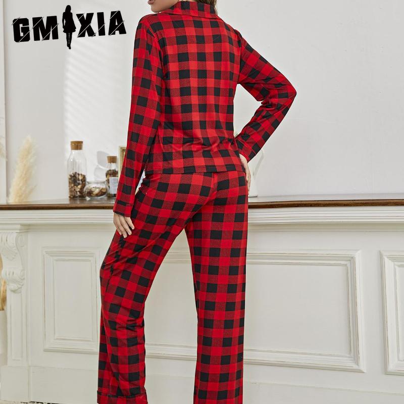 GMXIA Odzież domowa Damska Czerwona Kraciasta Koszula Kardigan z Długim Rękawem Długie Spodnie Zestaw Piżamowy