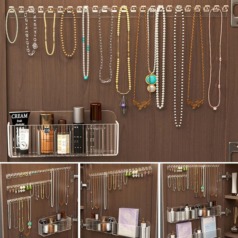 8 Hooks Jewelry Display Rack Plastic Transparent Jewelry Organizer Stand Wall Hanger Adhesive Paste Organizer Box