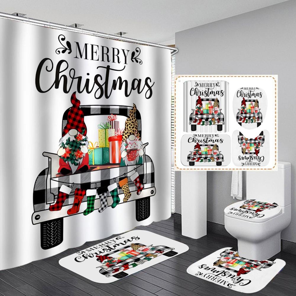 Merry Christmas Bathroom 4Pcs Set Snowman Santa Claus Pattern Waterproof Shower Curtain Toilet Cover Mat Non Slip Rug Home Decor