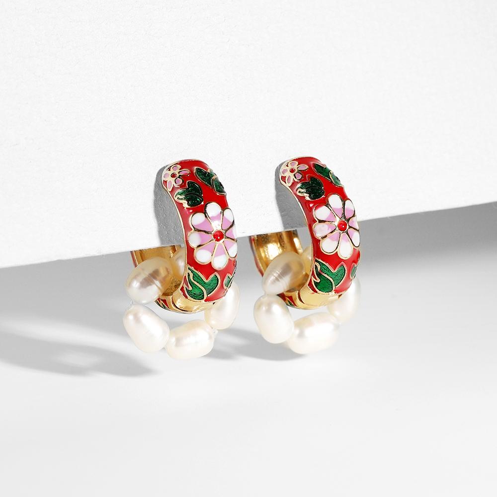 

Fashion Enamel Color Flower Ear Buckle Huggies Round Circle Pearl Pendants Hoop Earrings for Women Lovely Zircon Gifts