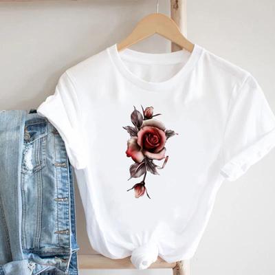 (Asiatische Größe)Frauen Drucken Dame Weibliche Blume Schöne Aquarell 90er Jahre T Top Mode T Shirt Kleidung Casual Kurzarm Grafik T-shirt