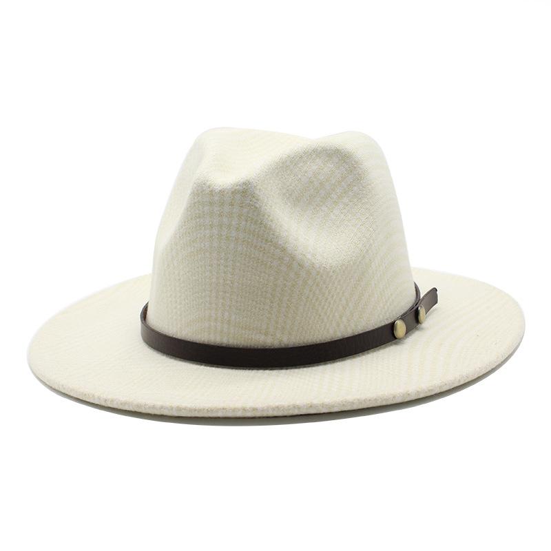 

Top Hat Big Eave Hat Men S And Women S Flat Rim Hat British Classic Jazz Hat Plaid Wool Hat M（56-58cm） молоко, білий колір