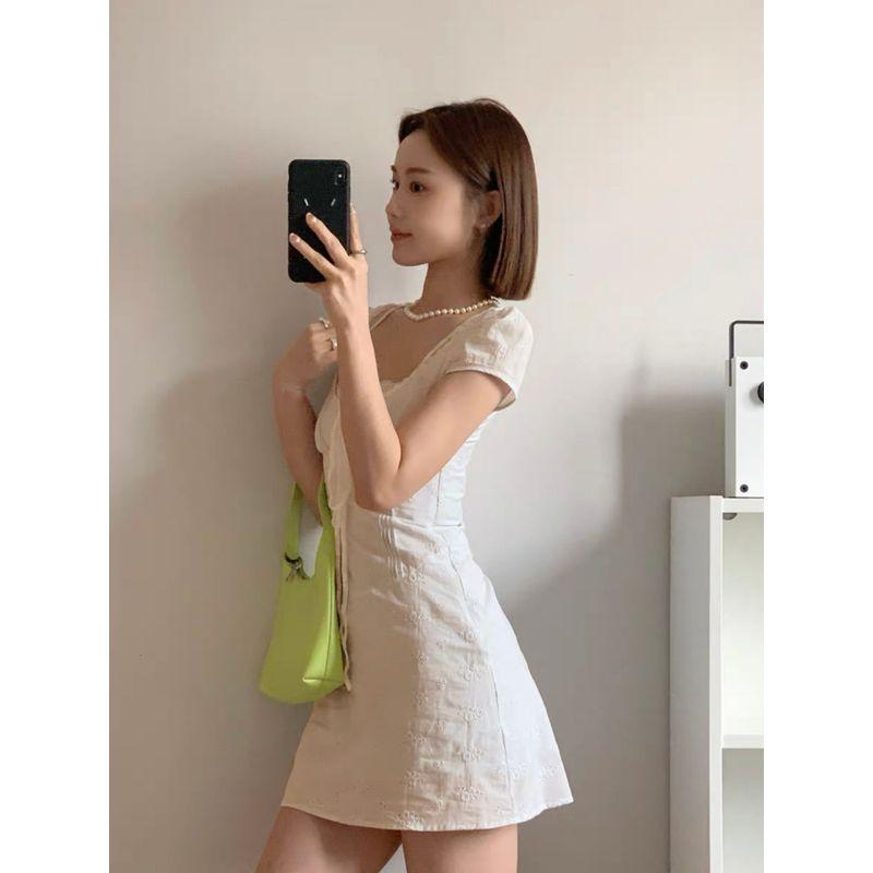 Heart Sweet Pear Super Nice Gentle Temperament Lace-up Short dress Fake Two Pieces Lace Edge Waist Hugging Slimming A Word Dress