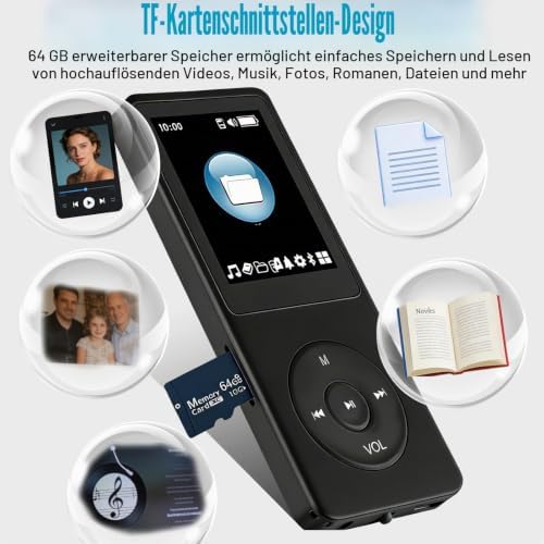 64GB MP3 Player Bluetooth 5.3 with Headphones, HiFi Sound Music Player for Sports, 1.8" TFT Color Screen