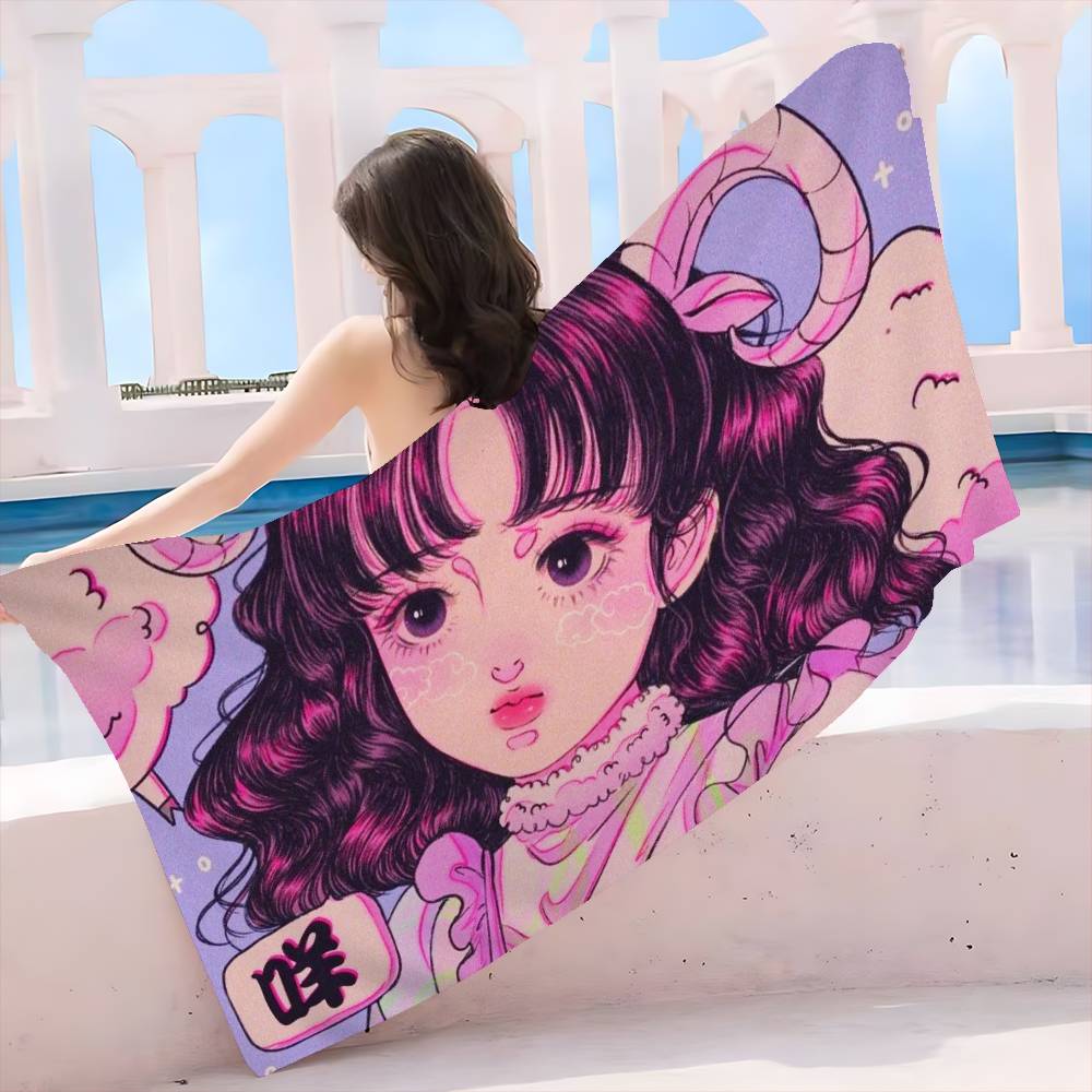 Pretty Girl Bath Towel Microfiber Soft Water Absorbing Breathable For Girl Kids Decorative Cartoon Beach Towel