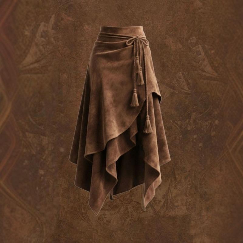 Brauner Wildleder-Midirock Federquaste Seilbindung Asymmetrischer Saum Vintage Lässig Unregelmäßiger Rock Damen