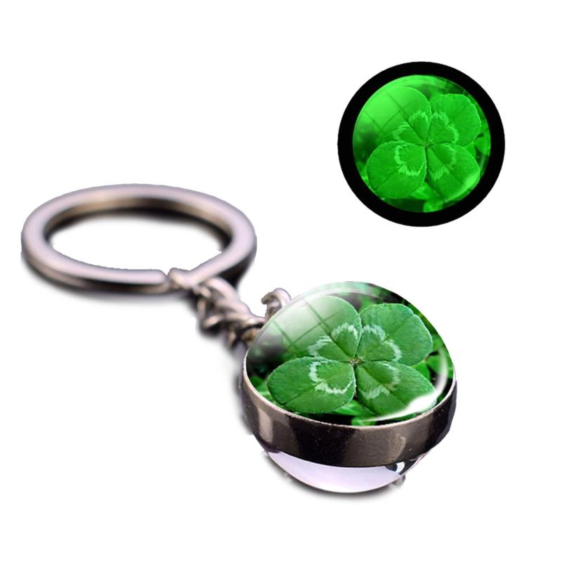 Clover Keychain Luminescent Four Leaf Clover Glass Ball Double Side Metal Pendant Keychain Lucky Jewelry Gift