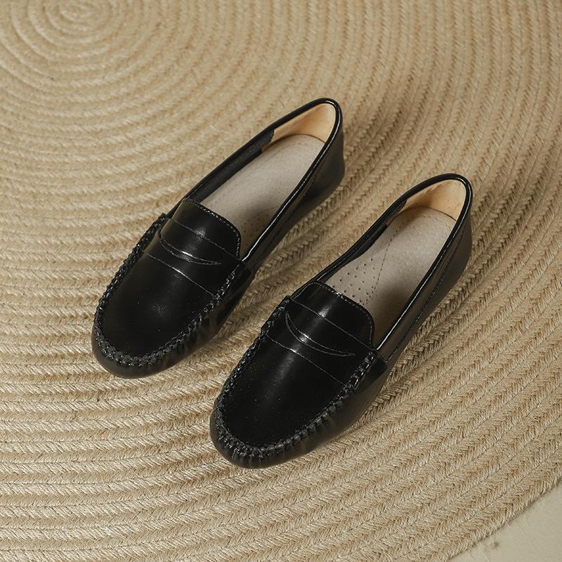 Spring Autumn Cow Leather Flats Shoes Woman Round Toe Slip On Loafers Comfy Ladies Work Shoes Genuine Leather Moccasins Women
