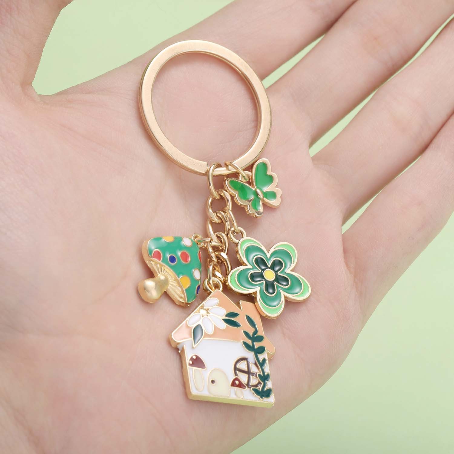

1 шт. Барвистий брелок-казка, Емальовані charms у вигляді грибного будиночка, квітки, метелика, Кільце для ключів, Для автомобільних ключів, рюкзаків, гаманців зелений