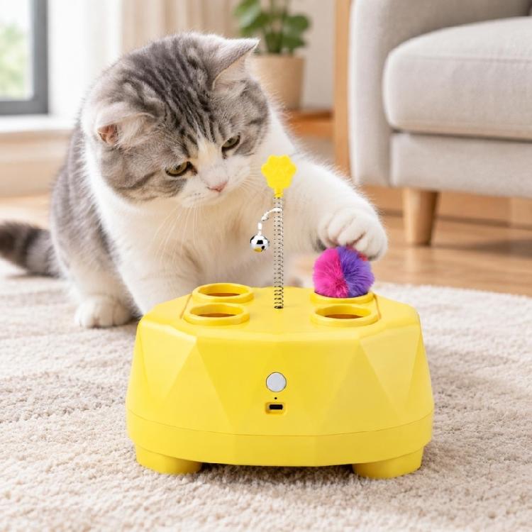 Indoor Play Device with Extending Lower Attachment, Moving Ball, Spring Attachment, and 4 Top Openings for Play