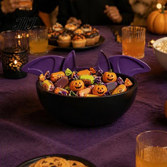 Trick or Treat Bowl Halloween Candy Bowl, Black Bat Shaped Ceramic Dish, Large Resin Serving Tray for Snacks And Treats, Tabletop Display Home Indoor
