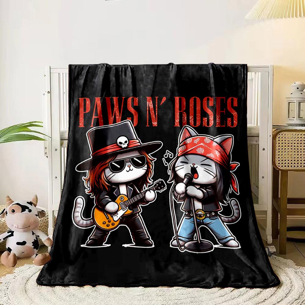 

Cartoon cats dressed as rock stars with Paws N Roses text above. for all seasons blanket lunch break throw gift 80cm x 120cm