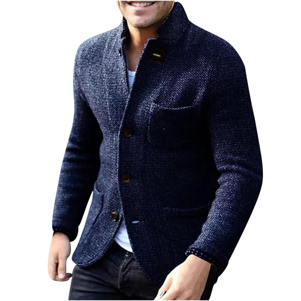 Men's Casual And Trendy British-style Solid-color Warm Cardigan Sweater, Men's Long-sleeved Button-up Stand-up Collar Sweater